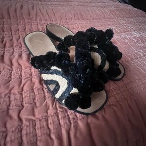 JOIE Black Pom-Pom Slip-On Sandals